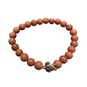 Golden Sandstone Beaded Stretch Bracelet with Silver Sea Turtle Charm